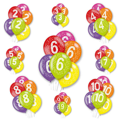 Age Multi-Colour Latex Balloons 6pk — Bright Birthday Number Balloons