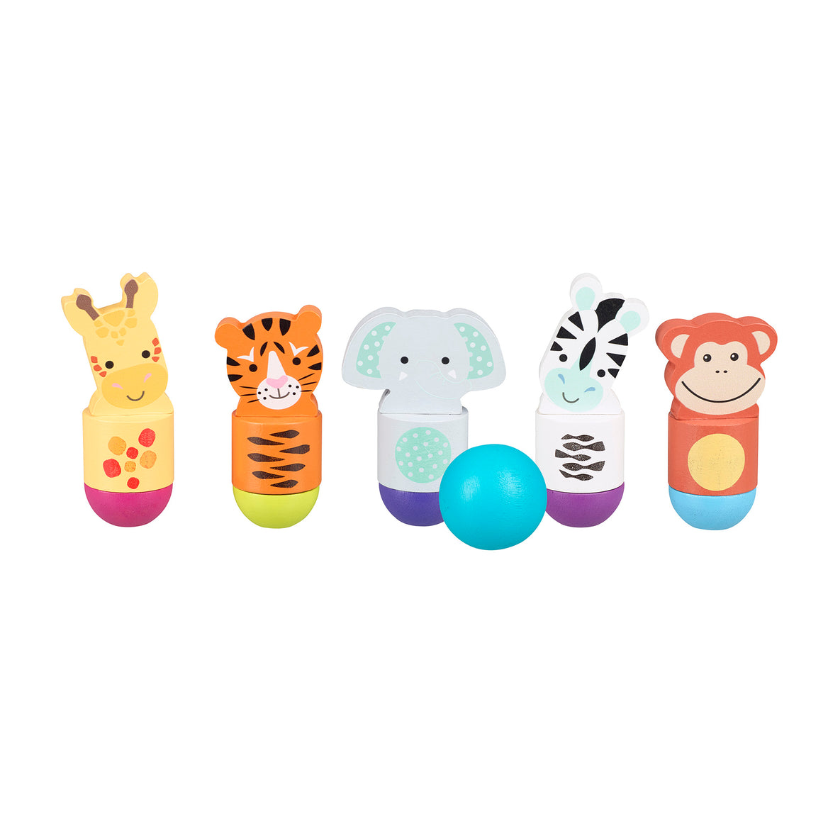 Jungle Animals Wooden Skittles | FSC Wood | 5 Pieces + Ball | Age 3+