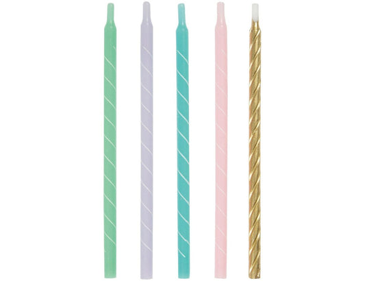 Gold & Pastel Spiral Birthday Cake Candles 12pk — 5 Inch