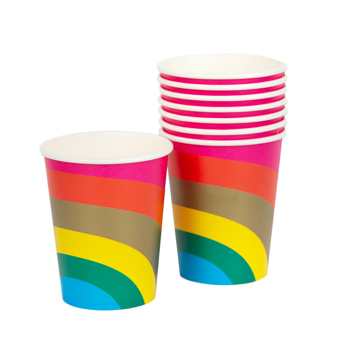 Birthday Brights Rainbow Paper Party Cups 8pk — Gold Detail 250ml